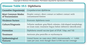 Diphtheria disease table: causative agents, transmission, treatment