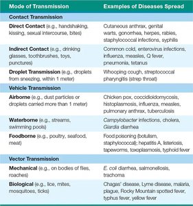 Modes of transmission and examples of diseases spread