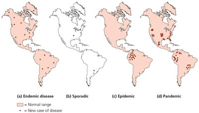 Maps illustrating endemic, sporadic, epidemic, and pandemic disease patterns