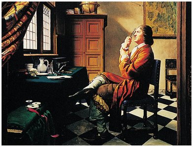 Antoni van Leeuwenhoek observing specimens
