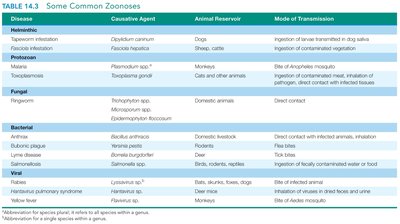 Table of common zoonoses