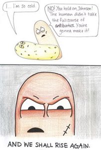 Comic illustrating antibiotic resistance due to incomplete antibiotic course