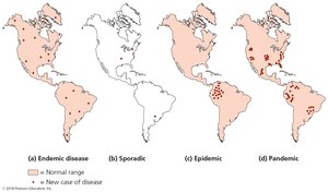 Maps of endemic, sporadic, epidemic, and pandemic disease