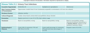 Table of urinary tract infections: causative agents, diagnosis, and treatment