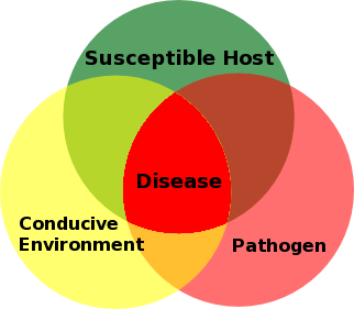 Venn diagram showing the relationship between susceptible host, conducive environment, and pathogen in disease development