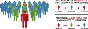 Diagram illustrating herd immunity: immune individuals block transmission