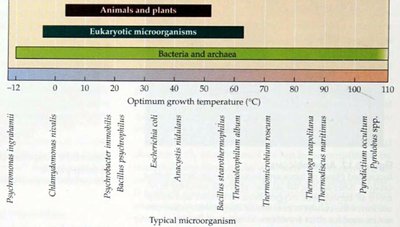Optimum growth temperatures for various microbes