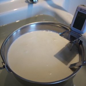 Pasteurization process with thermometer in milk