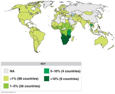 World map showing HIV prevalence