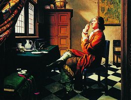 Painting of Antoni van Leeuwenhoek observing with a microscope