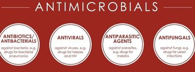 Types of antimicrobials: antibiotics, antivirals, antiparasitic agents, antifungals