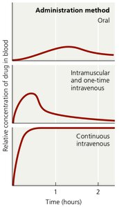 Drug concentration in blood by administration method