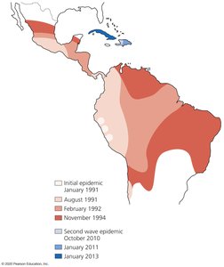 Map of cholera epidemics in Latin America