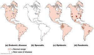Maps showing endemic, sporadic, epidemic, and pandemic disease