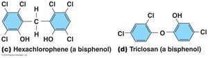 Structure of hexachlorophene and triclosan (bisphenols)