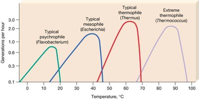 Graph comparing growth rates of psychrophiles, mesophiles, thermophiles, and hyperthermophiles