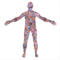 Artistic representation of the human body covered in diverse microbes