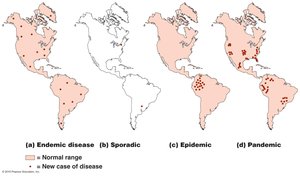 Maps showing endemic, sporadic, epidemic, and pandemic disease distribution