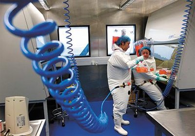 BSL-4 laboratory with full-body suits