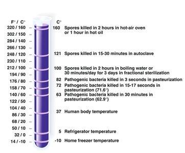 Temperature scale showing microbial death at various temperatures and methods