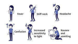 Symptoms of meningitis: fever, stiff neck, headache, confusion, sensitivity to light, nausea and vomiting