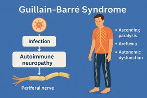 Guillain-Barré Syndrome diagram showing infection, autoimmune neuropathy, and symptoms