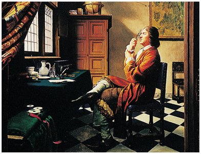 Antoni van Leeuwenhoek observing with a microscope