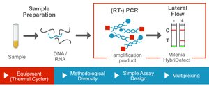 PCR workflow: swab, lysis buffer, RT-PCR machine