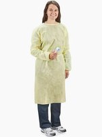 Person wearing a disposable isolation gown