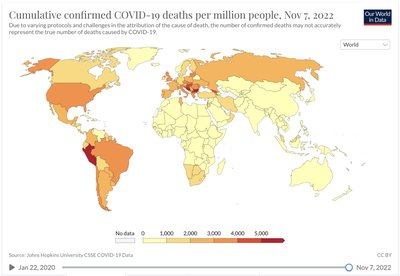 World map of cumulative confirmed COVID-19 deaths per million people