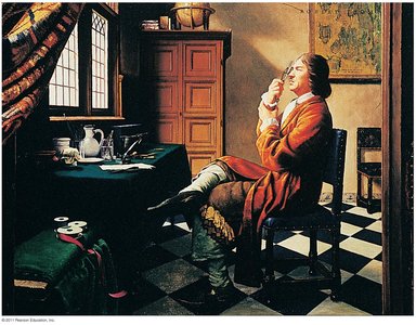 Antoni van Leeuwenhoek observing with a microscope