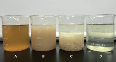 Beakers showing stages of water clarification: raw, coagulated, flocculated, clarified