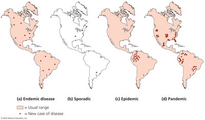 Maps showing endemic, sporadic, epidemic, and pandemic disease patterns