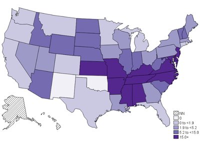 Map of RMSF incidence in the US
