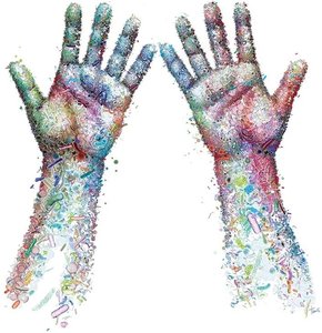 Artistic representation of human hands covered with diverse microbes