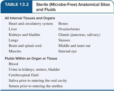 Table listing sterile anatomical sites and fluids