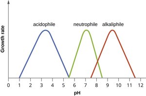 Growth rate vs. pH for acidophiles, neutrophiles, alkaliphiles