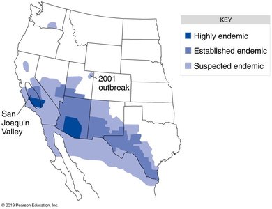Endemic regions of coccidioidomycosis in the US