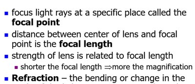 Lens properties: focal point, focal length, refraction