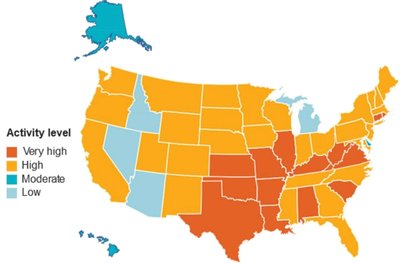 Map of the United States showing respiratory infection activity levels