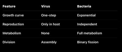 Table comparing virus and bacteria growth and features