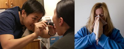 Doctor examining a patient and a person with a cold, representing signs and symptoms