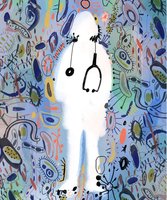 Illustration of a healthcare worker surrounded by microbes