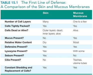 Table comparing skin and mucous membrane defenses