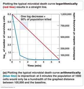 Microbial death curve: logarithmic vs arithmetic plotting
