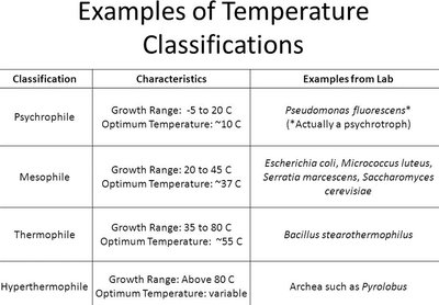 Temperature classifications of microbes