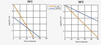 Effect of temperature on microbial death for E. coli and Y. pestis