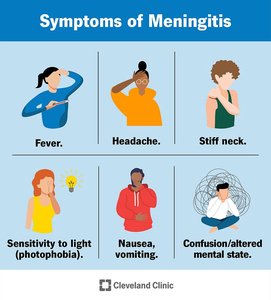 Symptoms of meningitis: fever, headache, stiff neck, photophobia, nausea, confusion