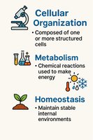 Universal characteristics of life: cellular organization, metabolism, homeostasis