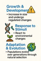 Universal characteristics of life: growth, response to stimuli, adaptation